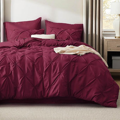 Bedsure Queen Comforter Set Burgundy - Bed in a Bag Queen Size Bedding 7 Pieces, GentleSoft™ Pintuck Bed Set Gift for Family, Pinch Pleat All Season Comforter with Sheets, Pillowcases & Shams