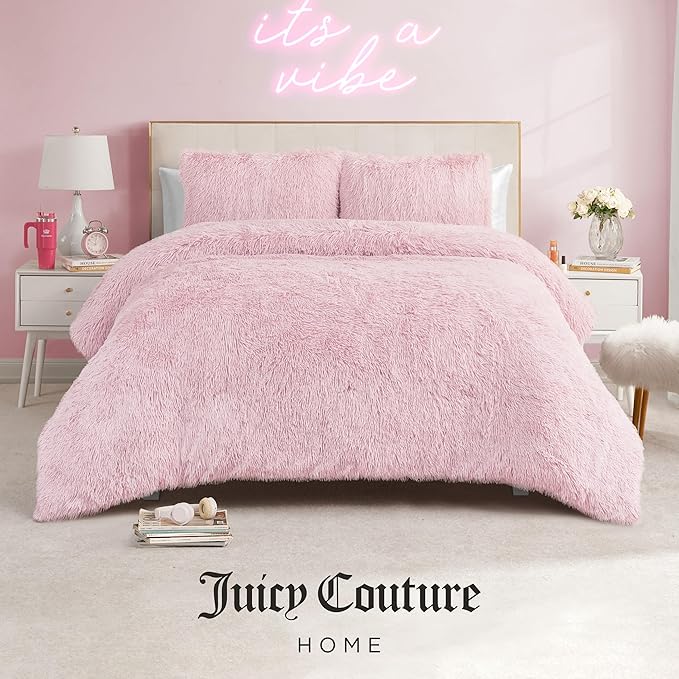 Juicy Couture Shaggy Faux Fur Pink Full/Queen Comforter Set - Soft and Cozy 3-Piece Machine Washable Bedding Comforter and Sham Set