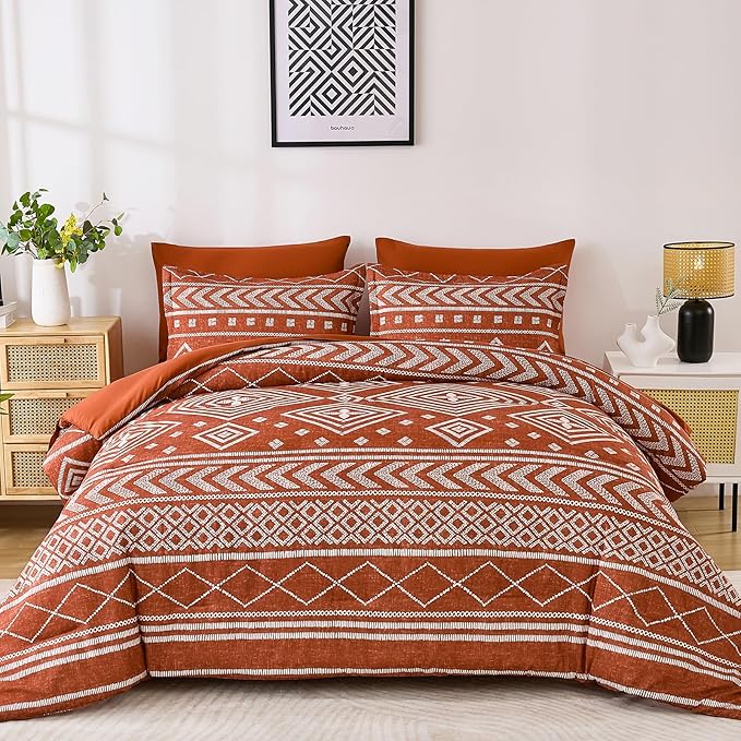 Yiran Burnt Orange Comforter Set Queen Size, 7 Piece Terracotta Fall Boho Bedding Set, Geometric Bed in a Bag Queen, Soft Microfiber Bohemian Striped Complete Bedding Set with Sheets for All Season