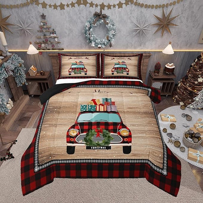 Rustic Farmhouse Brown Wooden 3 Pcs Queen Size Comforter Set,Snowflake Deer Red Plaid Down Alternative Adults Room Decor,Christmas Plaid Truck Ultra Soft Microfiber Inner Fill 3Pcs Bedding