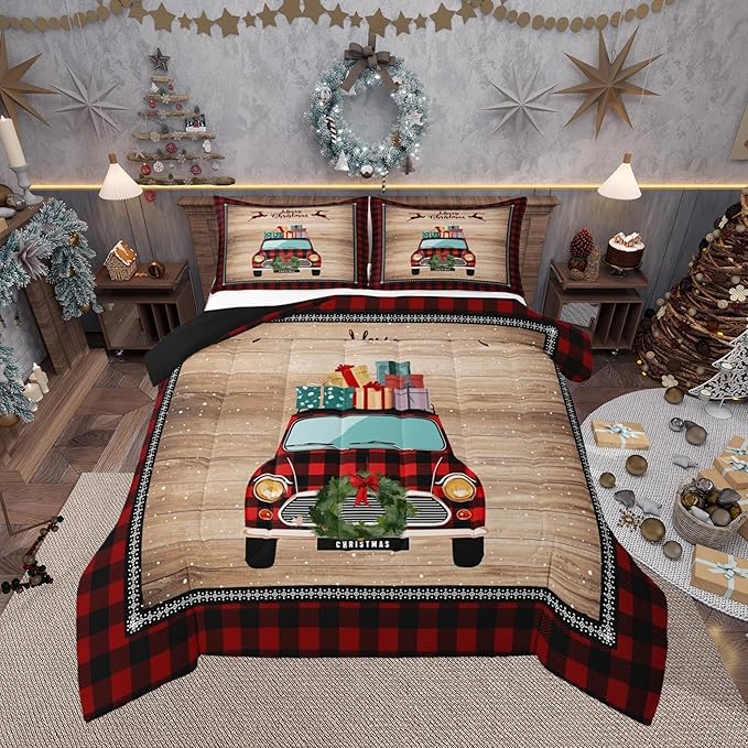 Snowflake Deer Red Plaid Comforter Set with 2 Pillowcases,Rustic Farmhouse Brown Wooden Super Soft Microfiber Bedding Set for Adults Teens,Christmas Plaid Truck Duvet Set for Room Decor,King