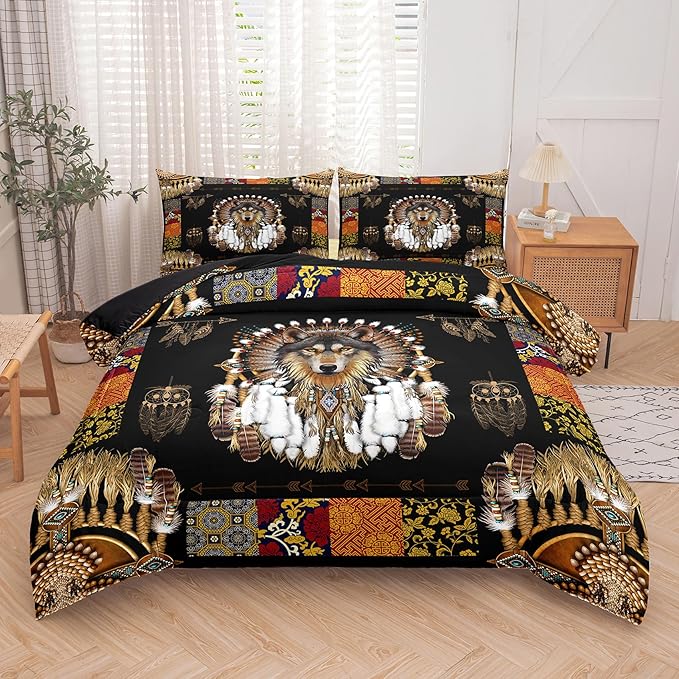 Tailor Shop Wolf Bedding Set for Boys Kids Bohemian Comforter Sets King Size Wildlife Hunting Wolf Bed Set with 2 Pillowcases…