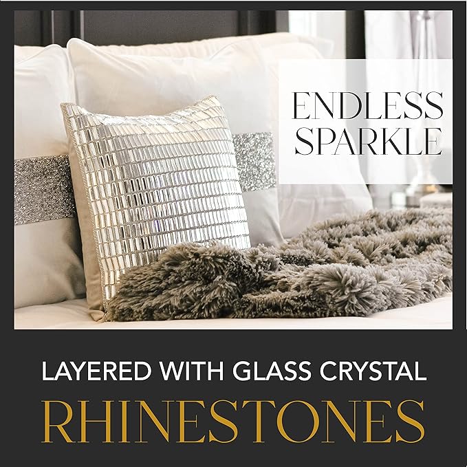 Fifth Avenue Pillow, Velvet Backing, Glass Stones, Dramatic, Hypoallergenic Fiber Insert, for Sophisticated Luxury Home Decor, Silver, 16", Sold Individually