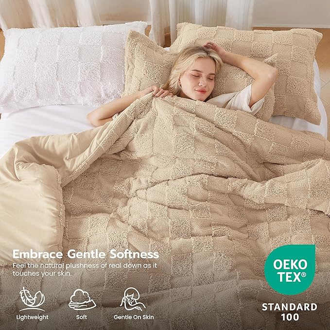 Joiedomi Tufted King Size Comforter Set, 3 Pieces Brown Boho King Bedding Set with 1 Plaid Geometric Comforter and 2 Pillow Shams, Checkered Bed in a Bag for All Seasons