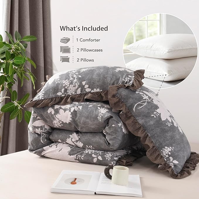 Oli Anderson 5 Piece Floral Comforter Set, Vintage Botanical Print Bedding Set, Farmhouse Lightweight Cottagecore Bed in a Bag with 1 Ruffle Flowers Comforter, 2 Pillowcases, 2 Pillows (Brown, King)