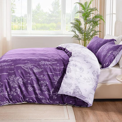 Love's cabin Dark Purple Twin Comforter Set - Twin XL Size Comforter Set Dorm Bedding, 2 Pieces Cute Floral Bedding, Soft Reversible Flowers Comforter, 1 Comforter & 1 Pillow Sham