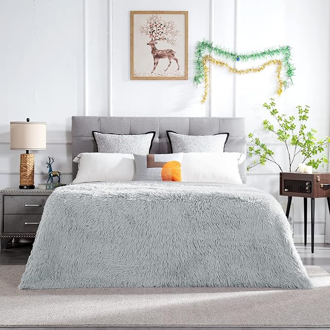 JONIYEAR Extra Large Decorative Fluffy Faux Fur Blanket Full Size 71" x 80",Soft Luxury Lightweight Furry Blankets,Accent Cozy Shaggy Plush Fuzzy Blankets for Bed Couch,Thick Warm Winter Blanket, Grey