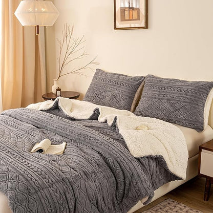 Ultra-Soft Warm Plush Sherpa Fleece Down Comforter Queen Size - Thickened Boho 3D Jacquard Reversible Bedding Comforter Set Fluffy Surface for Cozy Autumn and Winter Nights (Full/Queen,Grey)