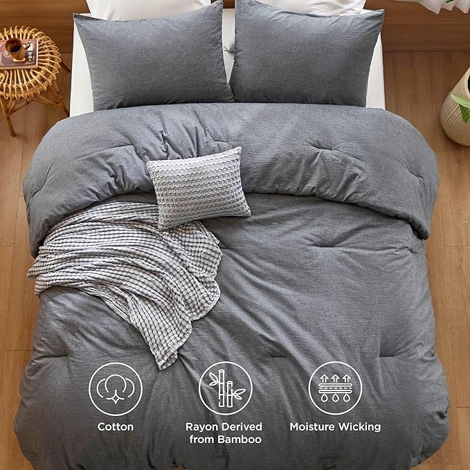 Bedsure 5 Pieces Cotton Comforter Set with Cotton Waffle Throw Blanket - Dark Grey Queen Comforter, Pillow Shams, Grey Cooling Blanket of Rayon Derived from Bamboo for Hot Sleepers, Throw Pillow