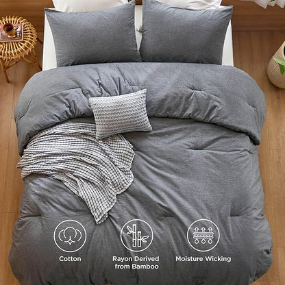 Bedsure 5 Pieces Cotton Comforter Set with Cotton Waffle Throw Blanket - Dark Grey Queen Comforter, Pillow Shams, Grey Cooling Blanket of Rayon Derived from Bamboo for Hot Sleepers, Throw Pillow
