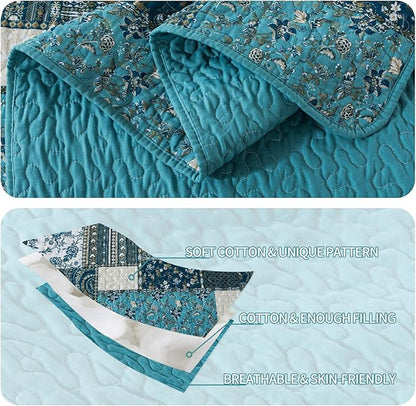 BEDIFANY Cotton Queen Size Quilt Sets, Lightweight Bedspread Queen Size Coverlet Boho Queen Quilt, Soft Farmhouse Queen Quilt Bedding Sets for Bed Decorations for All Seasons (3 Pieces, Blue)