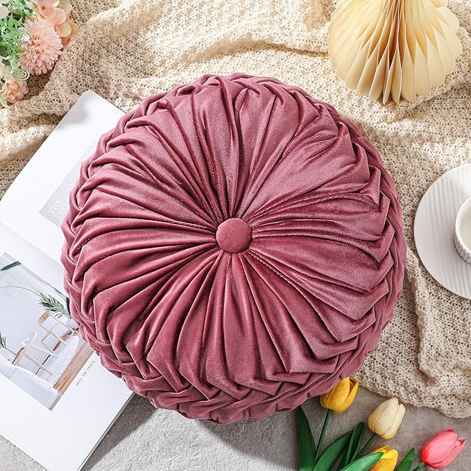 2 Pcs Round Throw Pillows Decorative Velvet Pleated Throw Pillows 15'' Diameter Accent Pumpkin Boho Chair Cushion for Couch Sofa Home Decoration (Dusty Rose)
