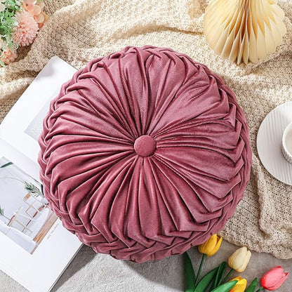 2 Pcs Round Throw Pillows Decorative Velvet Pleated Throw Pillows 15'' Diameter Accent Pumpkin Boho Chair Cushion for Couch Sofa Home Decoration (Dusty Rose)