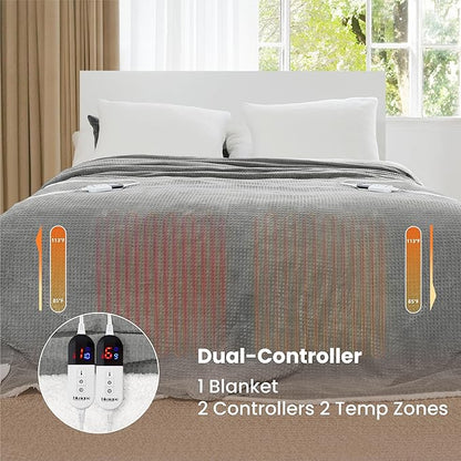 Heated Blanket Electric Blanket King Waffle,90x100 Inches Sherpa Fleece Fast Heating Blanket 6 Heating Levels & 10 Hours Auto Off ETL Certification, Grey King