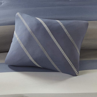 Intelligent Design Marsden Comforter Stripes Design Embroidered Toss Pillow Casual All Season Bedding Matching Sham and Complete Sheet Set, Twin XL, Blue/Grey 6 Piece
