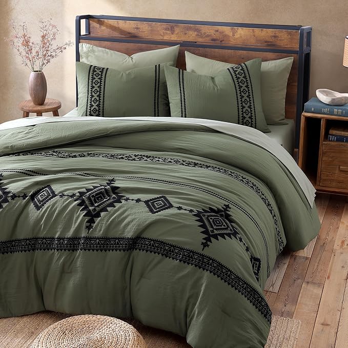 MaiRêve Embroidery Comforter Set, Boho Farmhouse Western Bedding Set, All Season Bed in A Bag Comforter Set with Sheets, Pillowcases & Shams, Olive Green Oversized Queen 7 Pieces