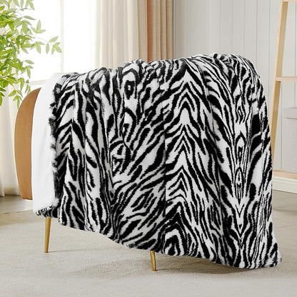 JONIYEAR Decorative Fuzzy Ridge Zebra Print Faux Rabbit Fur Throw Blanket 50" x 60", Double Sided Soft Thick Warm Shaagy Fluffy Blankets, Cute Cozy Plush Animal Lap Blanket for Women, White and Black