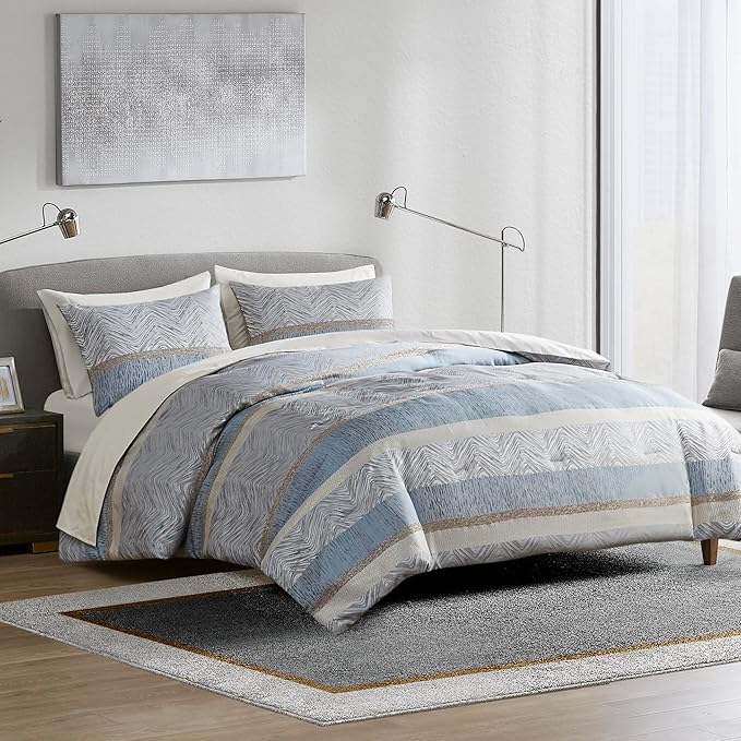 Comfort Spaces Blue Queen Comforter Set - 7 Pieces Trendy Modern Jacquard Bedding Sets with Sheets, All Seasons Skin-Friendly, Lightweight & Soft Microfiber Queen Bed Set, Shams, Queen