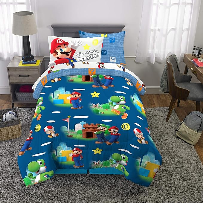 Super Mario Bros Kids Bedding Super Soft Cozy Reversible Comforter and Sheet Set with Sham, 5 Piece Twin Size Nintendo Gamer Bed Set, (100% Officially Licensed Product) by Franco
