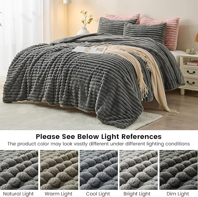 Simple&Opulence Fluffy Faux Fur Comforter Set, Plush Fuzzy Minky Bedding Set, 3 Pieces Warm Soft Comforter Bedding Set for Winter - 1 Shaggy Comforter with 2 Pillow Shams(Queen, Striped - Dark Grey)