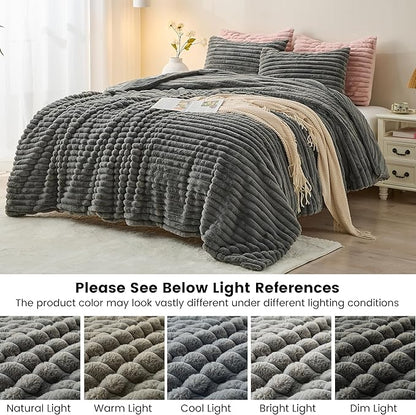 Simple&Opulence Fluffy Faux Fur Comforter Set, Plush Fuzzy Minky Bedding Set, 3 Pieces Warm Soft Comforter Bedding Set for Winter - 1 Shaggy Comforter with 2 Pillow Shams(Queen, Striped - Dark Grey)