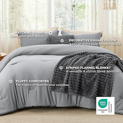 Bedsure Full Comforter Set 5 Pieces - Bed in a Bag with Fleece Throw Blanket and Decorative Pillow, Lightweight Bedding Comforter Sets, All Season Bedding, Dark Grey