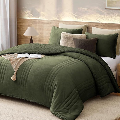 Monbix Fluffy Full Comforter Set Olive Green, Sherpa Plush Fuzzy Comforter 3 Piece for Full Size Bed, Luxury Soft Winter Warm Bedding Set