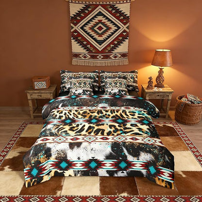 Erosebridal Aztec Full Comforter Set 7 Pieces Leopard Print Bed in A Bag for Bedroom Cowhide Exotic Fur Ink Splash Ethnic Bedding Set with Comforters, Sheets, Pillowcases Beige Green Room Decor