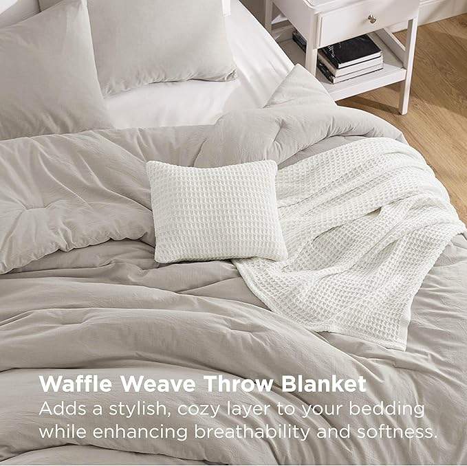 Bedsure 5 Pieces Cotton Comforter Set with Waffle Throw Blanket - Soft Breathable Bedding Set for All Seasons, Beige Queen Comforter, Pillow Shams, White 100% Cotton Blanket, Throw Pillow
