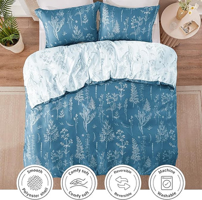 Love's cabin Mineral Blue Twin Comforter Set - Twin XL Size Comforter Set Dorm Bedding, 2 Pieces Cute Floral Bedding, Soft Reversible Flowers Comforter, 1 Comforter & 1 Pillow Sham