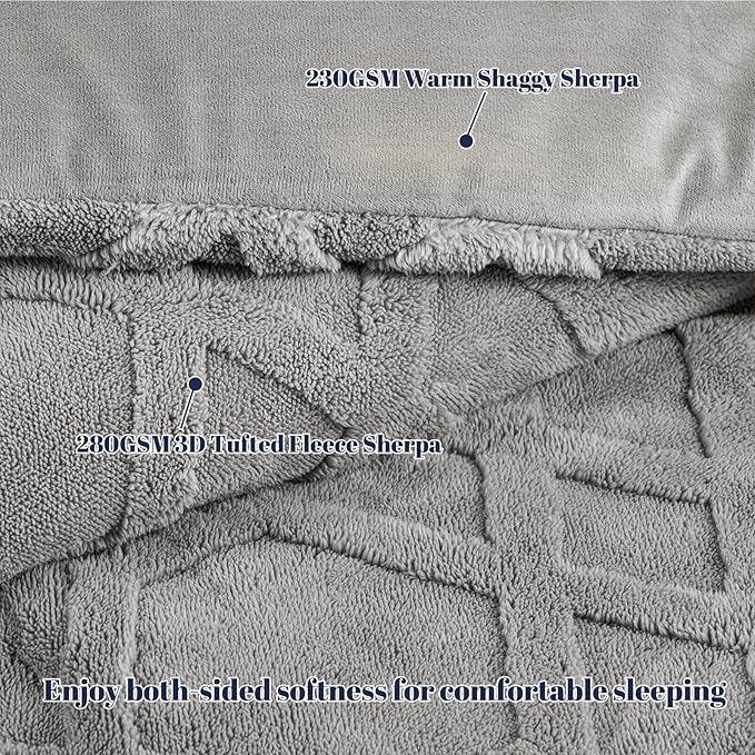 PHF Warm Sherpa Fleece King Comforter Set, 3D Tufted Fluffy Grey Bedding for Winter, Soft 2 Pieces Shaggy Bed Set, 1 Comforter (104"x90") and 2 Pillowcases (20"x36")