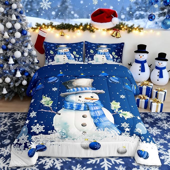 Cute Snowman Comforter Set Twin Size,Merry Christmas Quilt Set 2Pcs Xmas Bells and Snowflake Bedding Set for Kids Boys Girls Teens Room Decor Cartoon Blue White Duvet Insert,1 Pillowcase