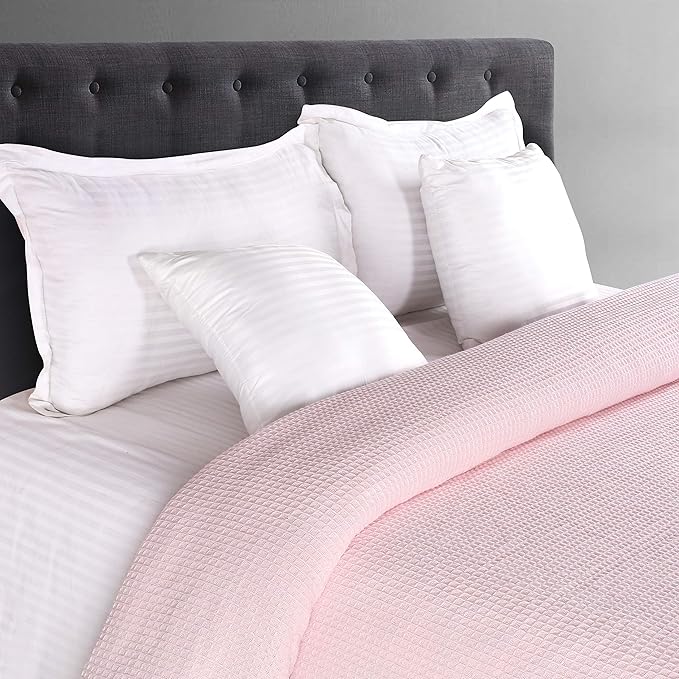 GLAMBURG 100% Cotton Thermal Blanket, Breathable Waffle Blanket, Queen Size, All Season, Baby Pink