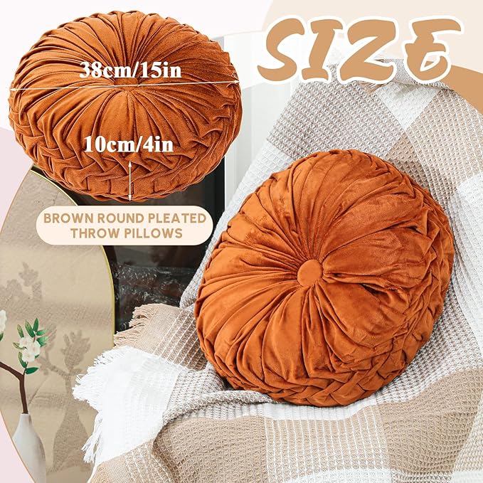 1 Pcs Round Throw Pillows Decorative Velvet Pleated Throw Pillows 15'' Diameter Accent Pumpkin Boho Chair Cushion for Couch Sofa Chair Bed Home Decoration (Burnt Orange)