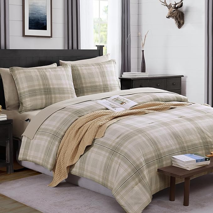 MaiRêve Plaid Twin XL Comforter Set, Khaki Green Grid Bedding Set for Boys & Girls, Classic Checkered Bed in A Bag Comforter Sets with Fitted & Flat Sheet, Pillowcase & Sham 66"x90"