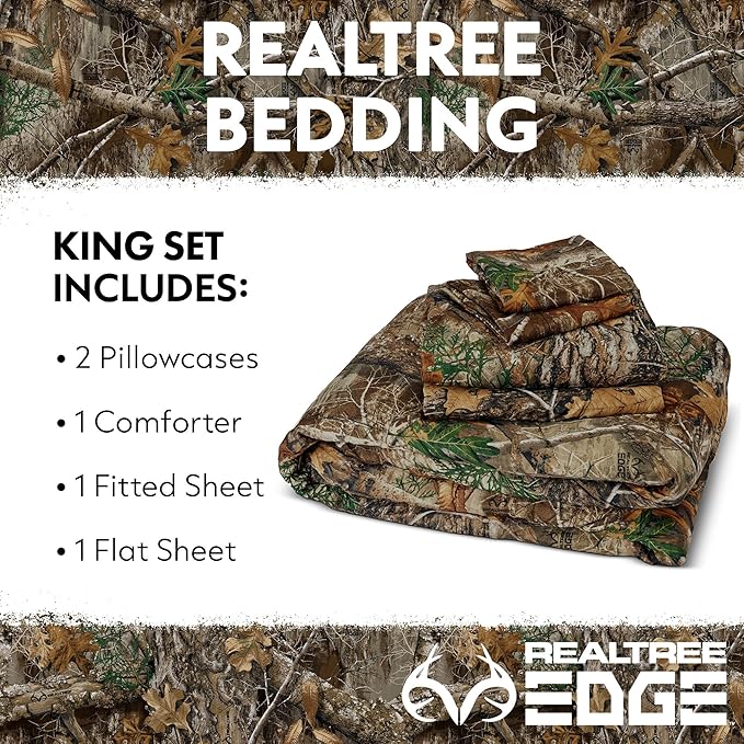 Northwest Realtree 5-Piece King Size Bed in a Bag Set, 1 Comforter, 1 Fitted Sheet, 1 Flat Sheet, 2 Pillowcases, All Seasons Bedding, Edge Camo