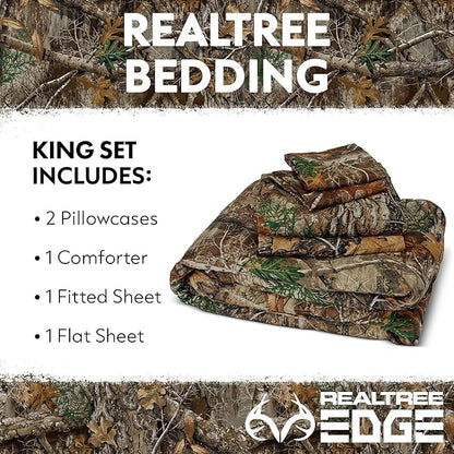 Northwest Realtree 5-Piece King Size Bed in a Bag Set, 1 Comforter, 1 Fitted Sheet, 1 Flat Sheet, 2 Pillowcases, All Seasons Bedding, Edge Camo