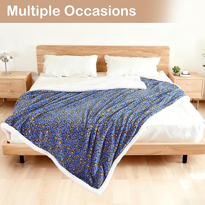 Electric Heated Blanket Throw Size 50"×60" with 9 Heating Levels & 1-10 Hs auto Off, Heating Throw Double Sided Sherpa, Energy Efficient, Machine Washable, Leopard Print Blue & Yellow