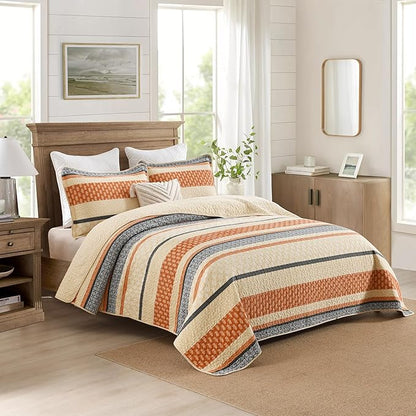 Homzard Quilt King Size, Cotton Orange Gray Black Striped Quilt Bedding Set,Floral Comforter Set King Size,Fall Lightweight Bedspread with Shams,3 Piece All Season