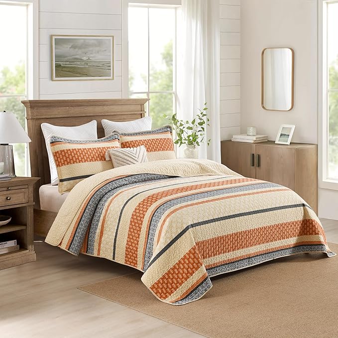 Homzard Quilt Bedding Set - Cotton Quilt Sets Queen Szie,Orange Grey Black Queen Size Bed, Farmhouse Lightweight Bedspread Set, 3 Piece All Season