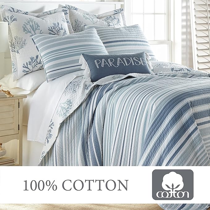 Levtex Home - Truro Quilt Set - Full/Queen Quilt + Two Standard Pillow Shams - Stripe in Shades of Blue - Quilt Size (88x92in.) and Pillow Sham Size (26x20in.) - Reversible - Cotton