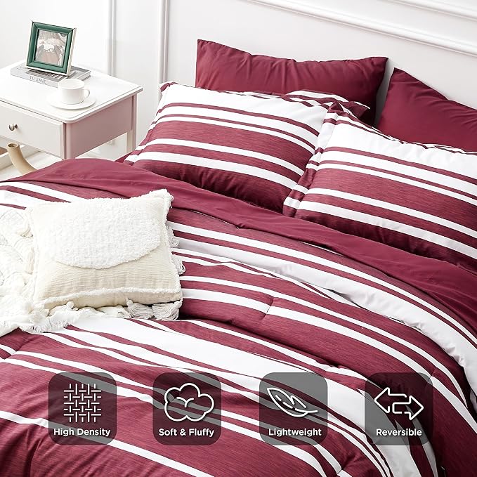 Bedsure Full Comforter Set 7 Pieces, Burgundy Striped Bedding Set for All Seasons, Reversible, Cationic Dyeing Bed in a Bag with Comforter, Sheets, Pillowcases & Shams