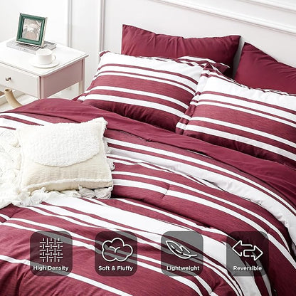 Bedsure Full Comforter Set 7 Pieces, Burgundy Striped Bedding Set for All Seasons, Reversible, Cationic Dyeing Bed in a Bag with Comforter, Sheets, Pillowcases & Shams