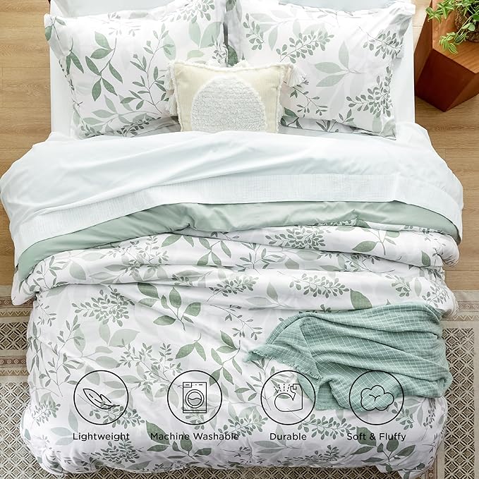 Bedsure Twin/Twin XL Comforter Set Dorm Bedding - White & Green Floral Comforter Set, Twin Extra Long Comforter for College, 2 Pieces Summer Bed Includes 1 Pillow Sham Floral Sage Green