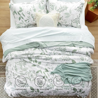 Bedsure Twin/Twin XL Comforter Set Dorm Bedding - White & Green Floral Comforter Set, Twin Extra Long Comforter for College, 2 Pieces Summer Bed Includes 1 Pillow Sham Floral Sage Green