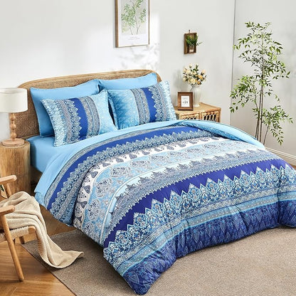 Boho Queen Comforter Set Blue - 7 Pieces Bed in a Bag Floral Striped Comforter and Sheet Set, Soft Microfiber Bohemian Bedding Sets Queen Size for All Season (Blue,Queen)