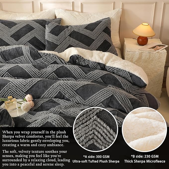 Tufted Boho Comforter Set Queen - Grey Fluffy Sherpa Bedding Set, Soft Fuzzy Jacquard Quilt Set, 3 Pieces Cozy Bed Set Warm Comforter for Winter(90"X90")