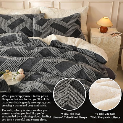 Tufted Boho Comforter Set Twin - Grey Fluffy Sherpa Bedding Set, Soft Fuzzy Jacquard Quilt Set, 2 Pieces Cozy Bed Set Warm Comforter for Winter(68"X90")