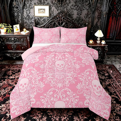 Feelyou Adults Gothic Skull Bedding Set Full Size Kids Damask Print Comforter Goth Bohemian Duvet Breathable Soft Lightweight Microfiber Pink White Room Decor with 2 Pillowcases