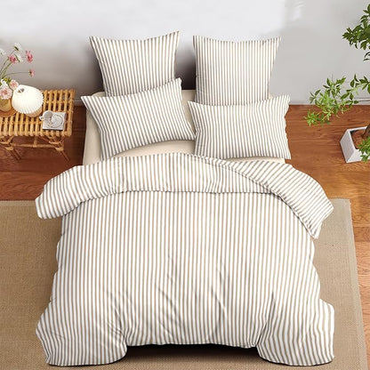 Nayoroom Striped Comforter Set Queen Size Brown Tan Stripe Comforter 3 Pieces Girls Soft Lightweight Pinstripe Dorm Bedding Set for All Seasons